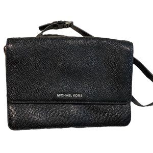 Michael Kors Black Large Gusset Crossbody Leather Purse Silver Hardware